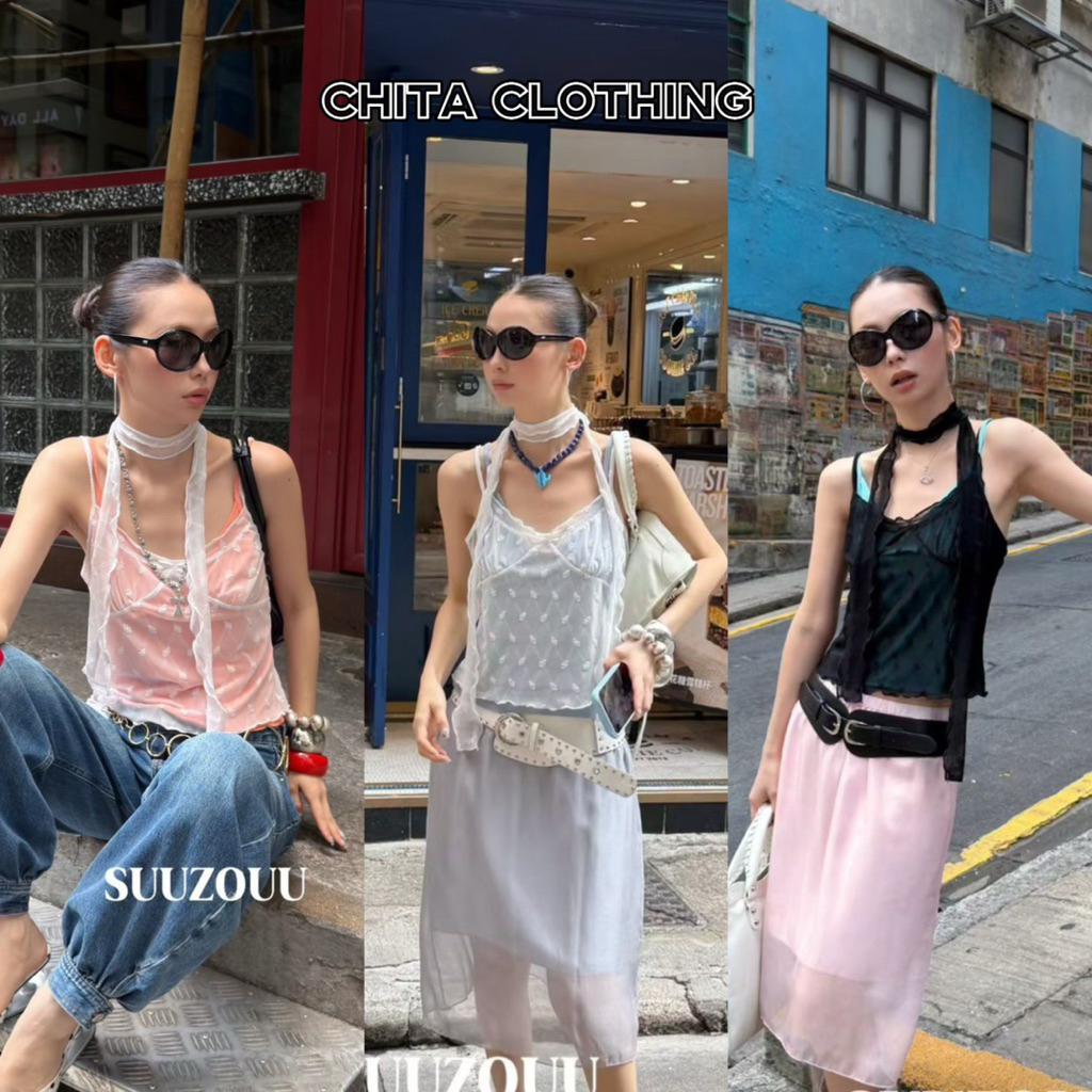 #SU263 26L เซ็ทเสื้อ 2 ชิ้น เสื้อสายเดี่ยวผ้ายืด มาพร้อมเสื้อสายเดี่ยวซีทรู มาพร้อมผ้าพันคอ Tag MMfish