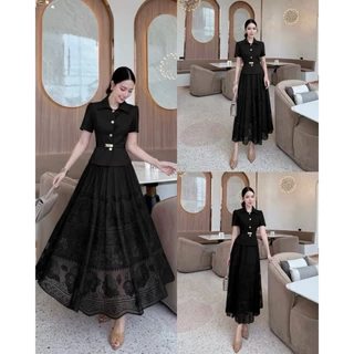 THE CLOSETA : LB203 ชุดเสื้อคอปกแขนสั้นกระดุมหน้า+กระโปรงลูกไม้สีขาวใส่งานบุญสวยหรู