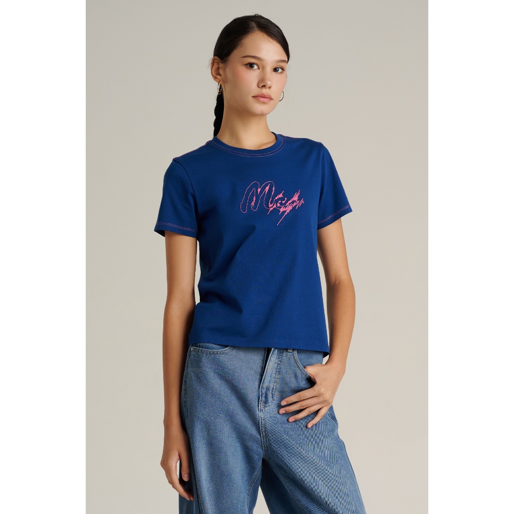 Mc JEANS (แม็คยีนส์) เสื้อยืดผู้หญิง เสื้อยืดแขนสั้น ทรงสลิม Slim Fit T-Shirt สีน้ำเงิน MTTZB80
