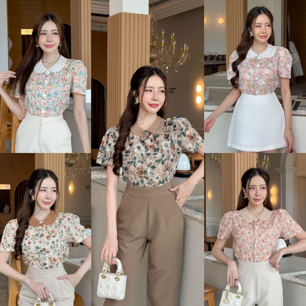 [S-4XL] เสื้อแขนสั้นคอบัวเล็กผ้าปักลายดอกไม้สวย.V1