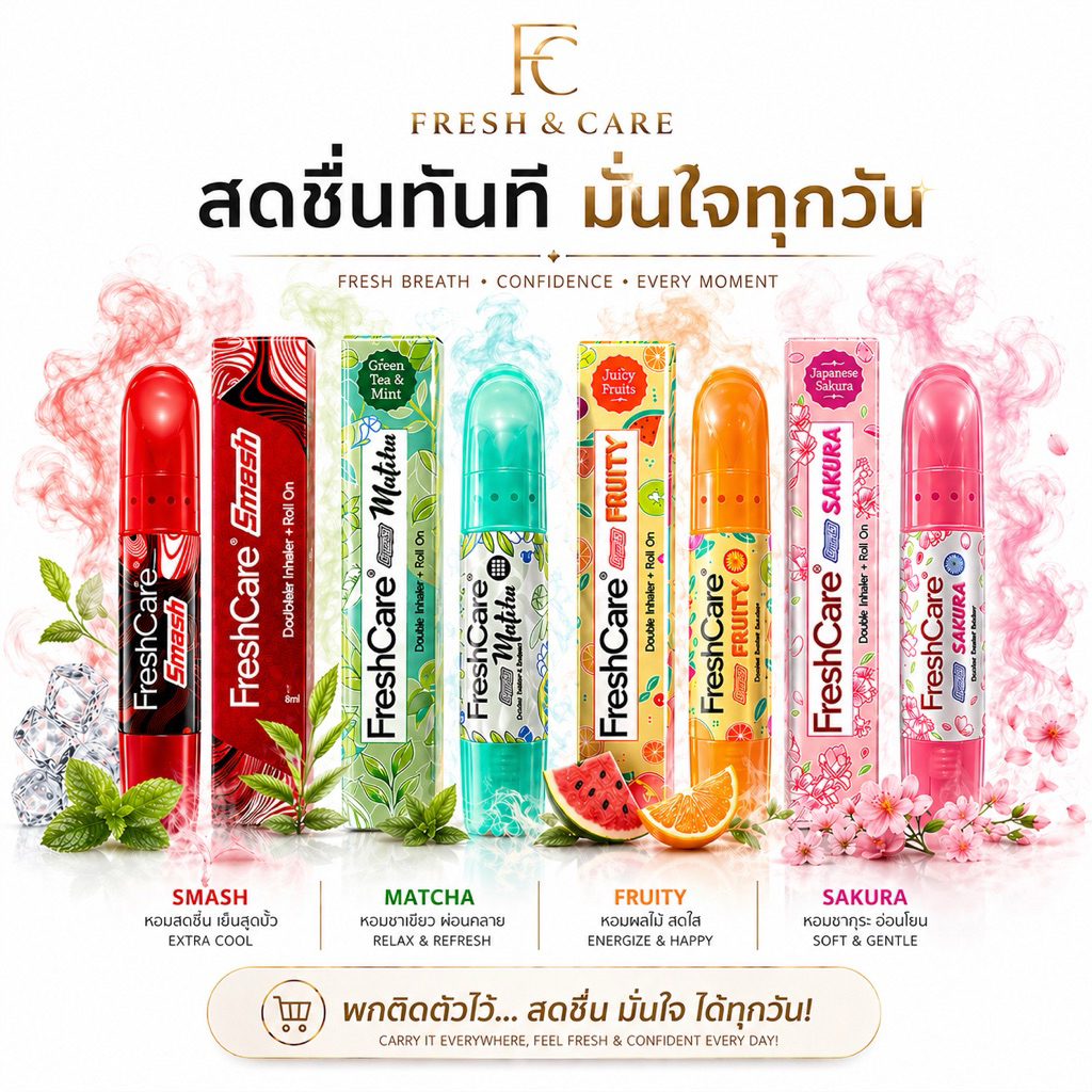 FreshCare ตัวดังจากอินโด Smash Matcha Fruity Sakura หอมสดชื่น ใช้แล้วโล่งทันที พกง่าย ใช้ได้ทุกวัน กลิ่นติดใจ พร้อมส่ง