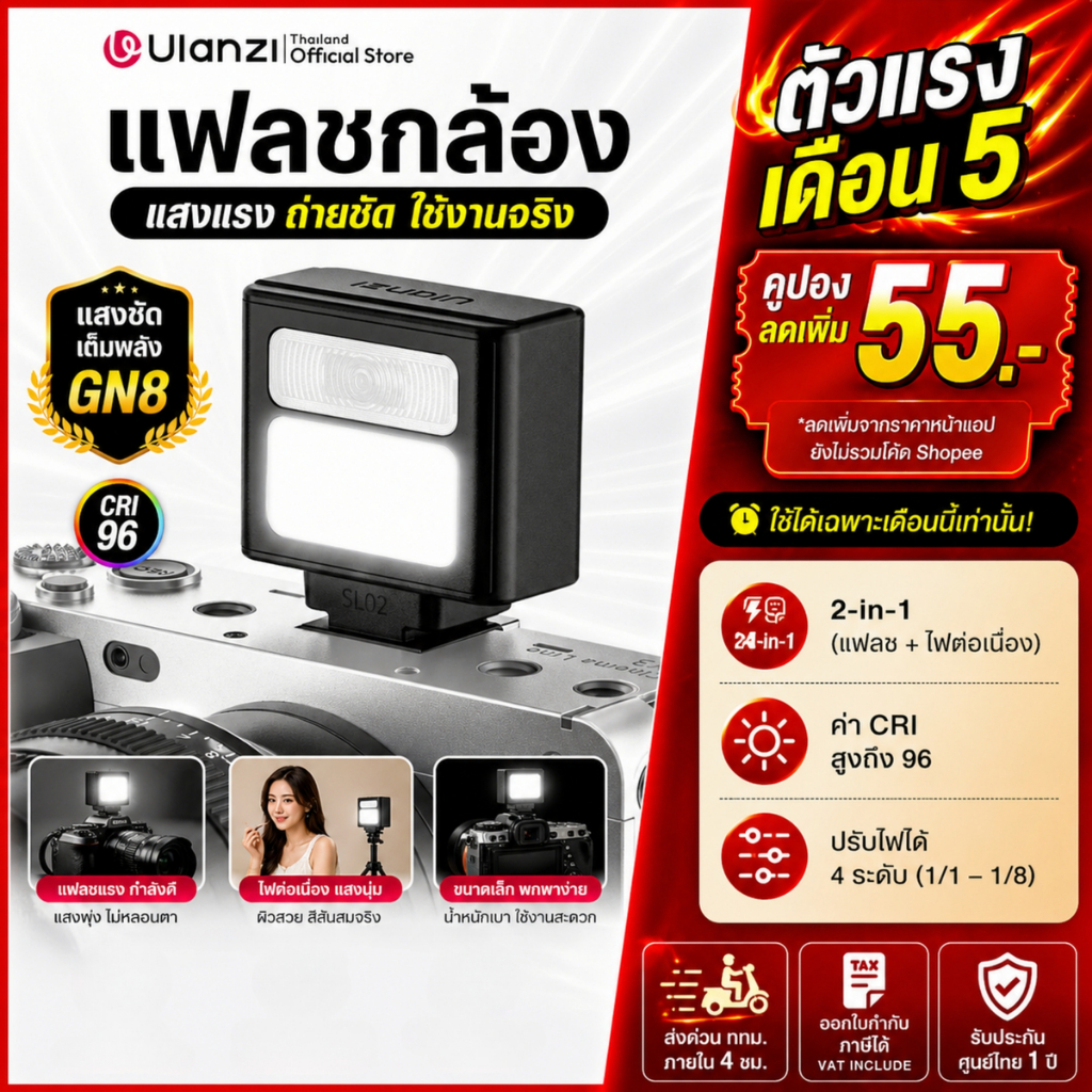 Ulanzi SL02 แฟลชกล้อง พร้อมไฟ LED แฟลชถ่ายภาพ แบบ Universal Hot Shoe สำหรับ Sony Nikon Mini Flash