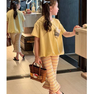 AY268 ชุดเซ็ตเด็กผู้หญิง เสื้อยืดสีพาสเทล แต่งตุ๊กตาหมี กางเกงขายาวขาบาน น่ารักมาก