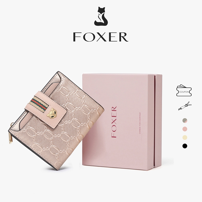 FOXER ขั้นสูงกระเป๋าสตางค์ผู้หญิงขนาดสั้น ลวดลายโซ่กระเป๋าใส่เหรียญ ช่องใส่บัตรหลายช่อง