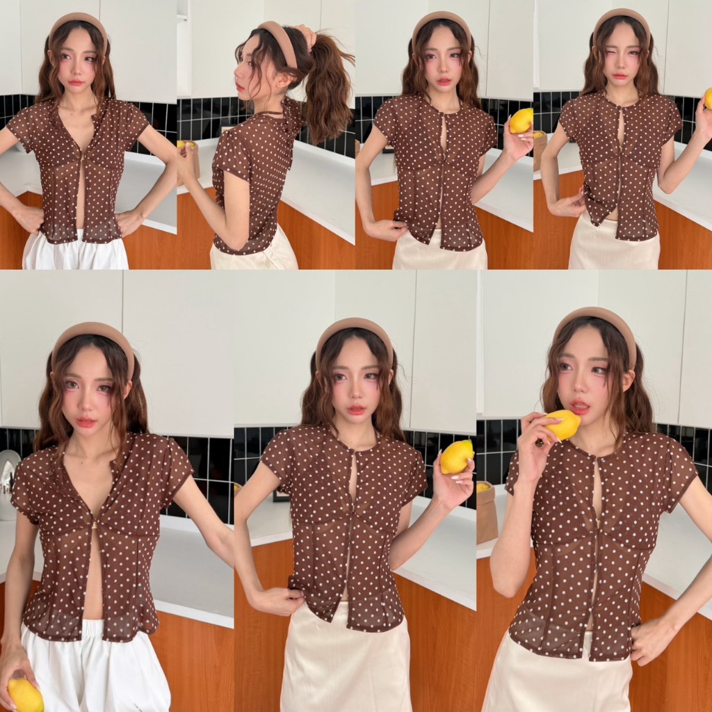 BY IRA (2026-103) Lennor  Top เสื้อยืดแขนสั้น ลายจุด สายคล้องคอ คอวี มีตะขอด้านหน้า เนื้อผ้าใส่สบาย รูปที่ 8