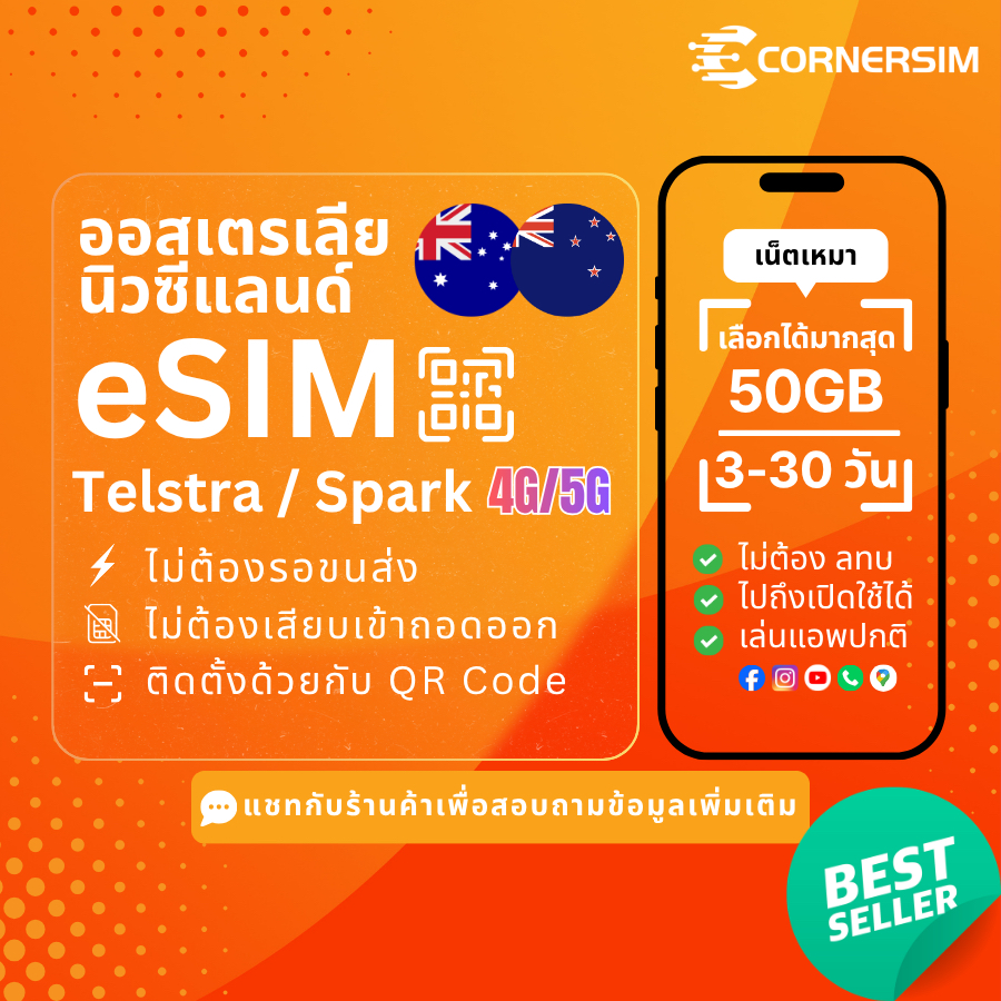 eSIM Australia New Zealand อีซิมออสเตรเลีย นิวซีแลนด์ Telstra Spark 4G/5G เน็ตเหม 30-50GB 3-30 วัน