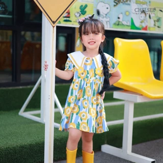 Chelsee ชุดเดรสกระโปรง ปกแหลม แขนตุ๊กตา ลายดอกไม้ ผ้า 100%Cotton เด็กผู้หญิง อายุ 1.5-10ปี เสื้อผ้าเด็ก รุ่น 238264