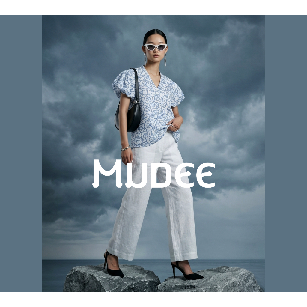 MUDEE เสื้อเบลาส์คอวี แขนบอลลูน ผ้าลินินพิมพ์ลายดอกไม้