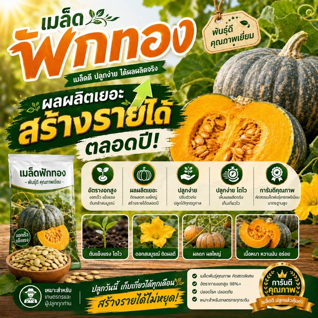 เมล็ดฟักทองไข่ลืมผัวแท้ 100% ผลผลิตสูง ปลูกขายกำไรดี