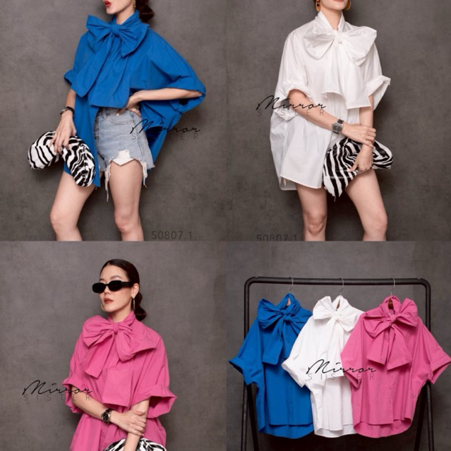 MRS | MIRRORSISTER🔖 50807.1 เสื้อเชิ้ตโอเวอร์ไซส์ ดีไซน์คอปกผูกโบว์ใหญ่
