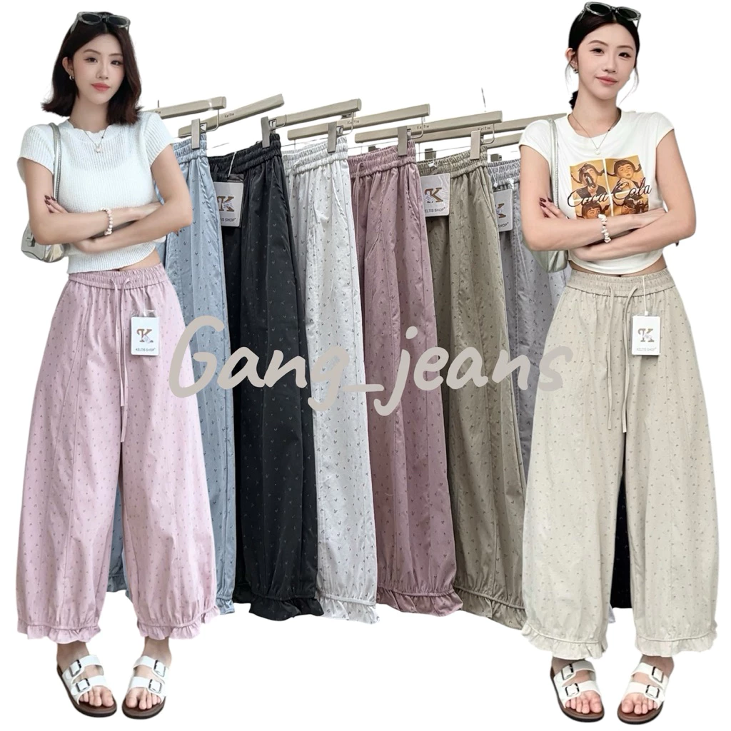 Gang_jeans#9503(K)กางเกงขายาว ทรงจินนี่ สีพื้นลายดอก แต่งปลายขา
