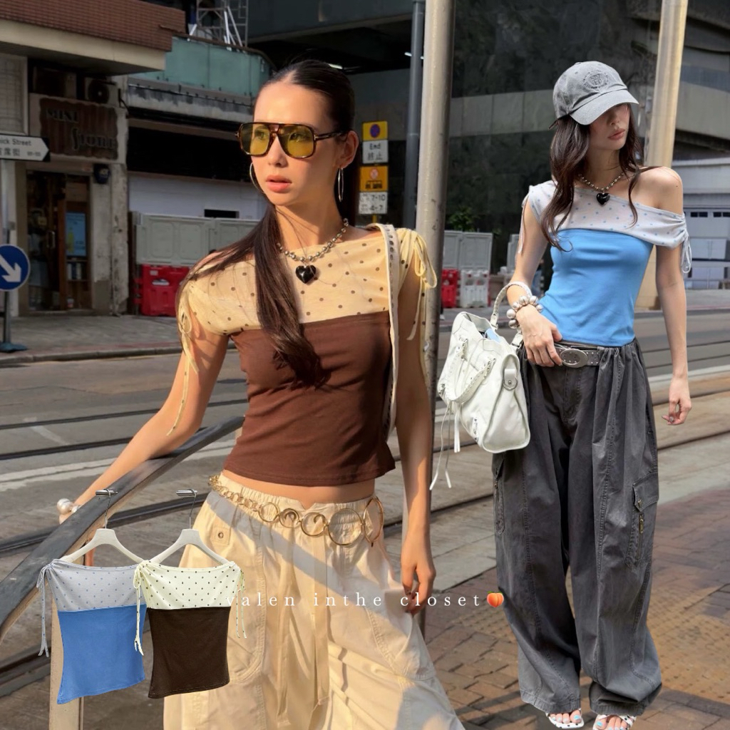 ส่งด่วน 🛵 #26T269 MMFISH 𝗔𝗗𝗘𝗟𝗘 𝗗𝗢𝗧 𝗧𝗢𝗣 เสื้อปาดไหล่ที่มีลูกเล่นต่อผ้าสองเลเยอร์ ลายจุด