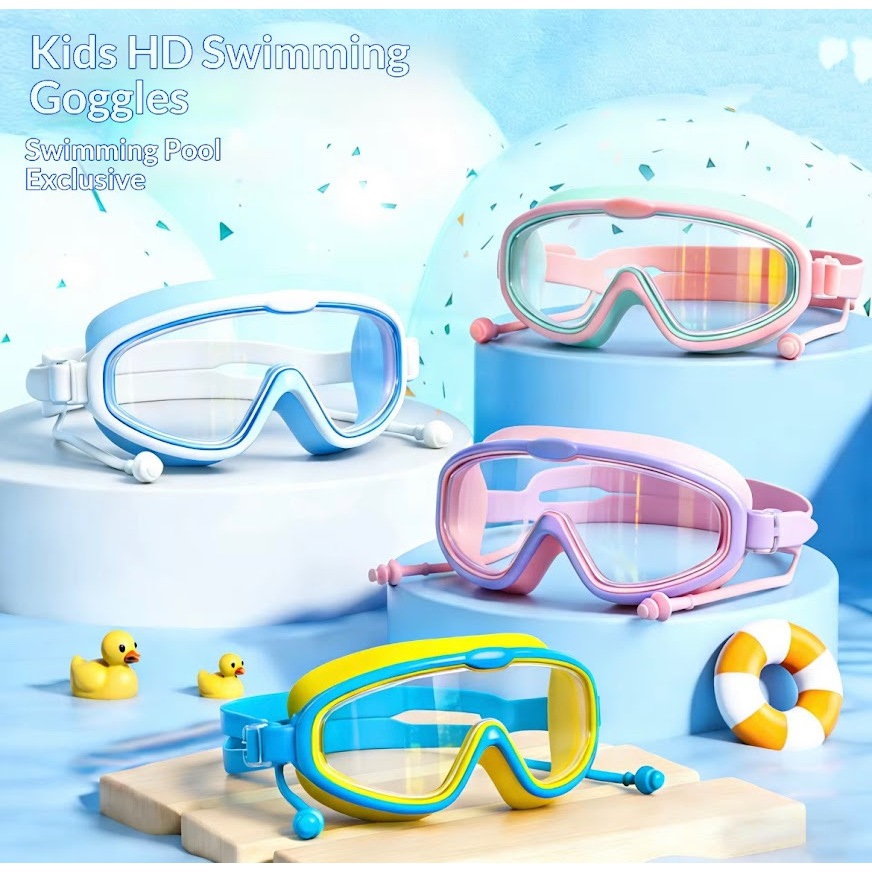 แว่นตาว่ายน้ำสำหรับเด็กกรอบใหญ่ HD View Anti-fog กันน้ำ ป้องกันฝ้า แว่นตาว่ายน้ำสำหรับเด็ก ชายและหญิง หลากสีให้เลือก