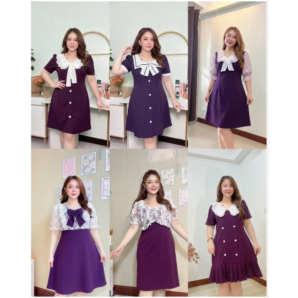 ชุดเดรสสาวอวบ  ผ้ายืดวูลเวฟ  งานสีม่วง  แบบน่ารักๆ ค่ะ รอบอก 40-48 นิ้ว
