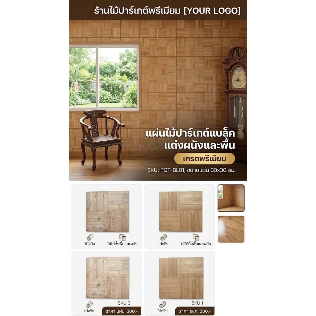 ไม้ปาร์เก้ ไม้ปูพื้นปาร์เก้ ขนาด 100*100  cm.(10 แผ่น)