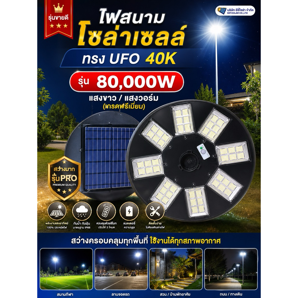 ไฟสนามโซล่าเซลล์ ทรง UFO 40k รุ่น 80,000W (เกรดพรีเมี่ยม)