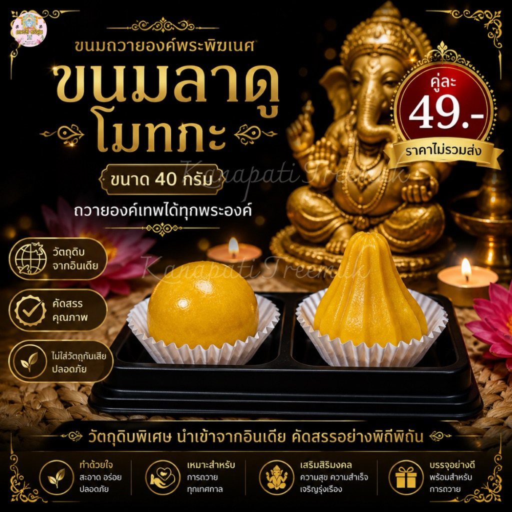 ขนมลาดูโมทกะ ขนาด 40 กรัม ขนมไหว้องค์พระพิฆเนศ บูชาองค์พระพิฆเนศ