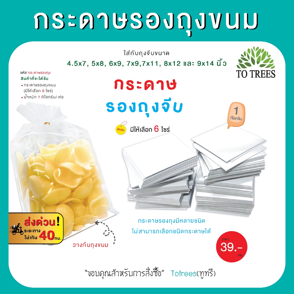 Totrees กระดาษรองก้นถุงจีบ กระดาษรองก้นถุงขนม บรรจุ  1 กิโลกรัม / ห่อ มีขนาดให้เลือก 6 ขนาด รหัส กระดาษรองถุง