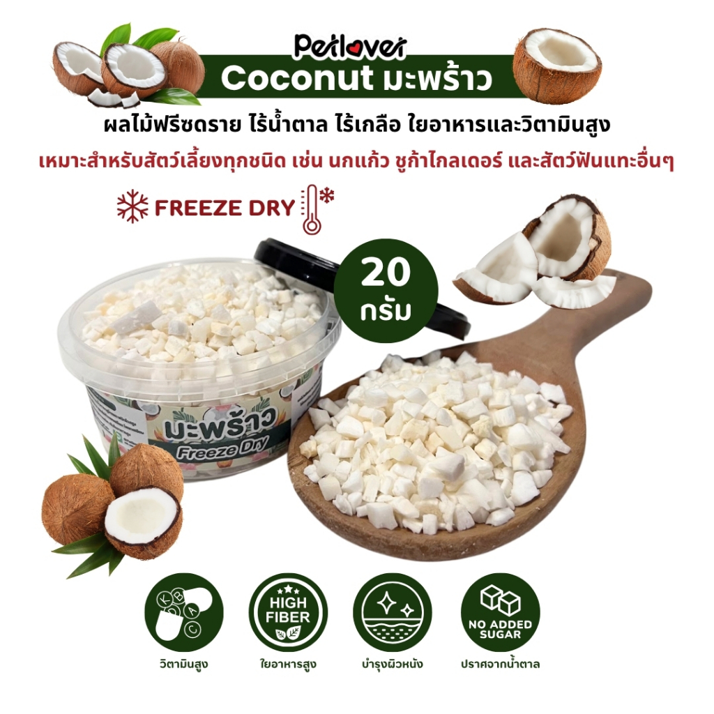 Coconut มะพร้าว ฟรีซดราย ไร้น้ำตาล ไร้เกลือ อาหารนกแก้ว และสัตว์ฟันแทะทุกชนิด (กระปุก 20G)