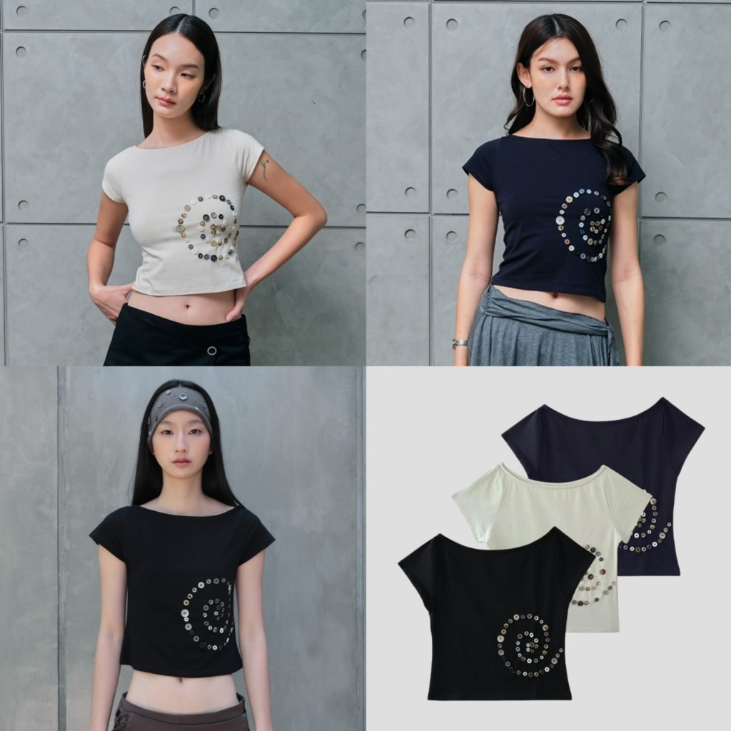 Garcon.dept | Spiral pattern baby tee | เสื้อเบบี้ทีปักกระดุมลายก้นหอย