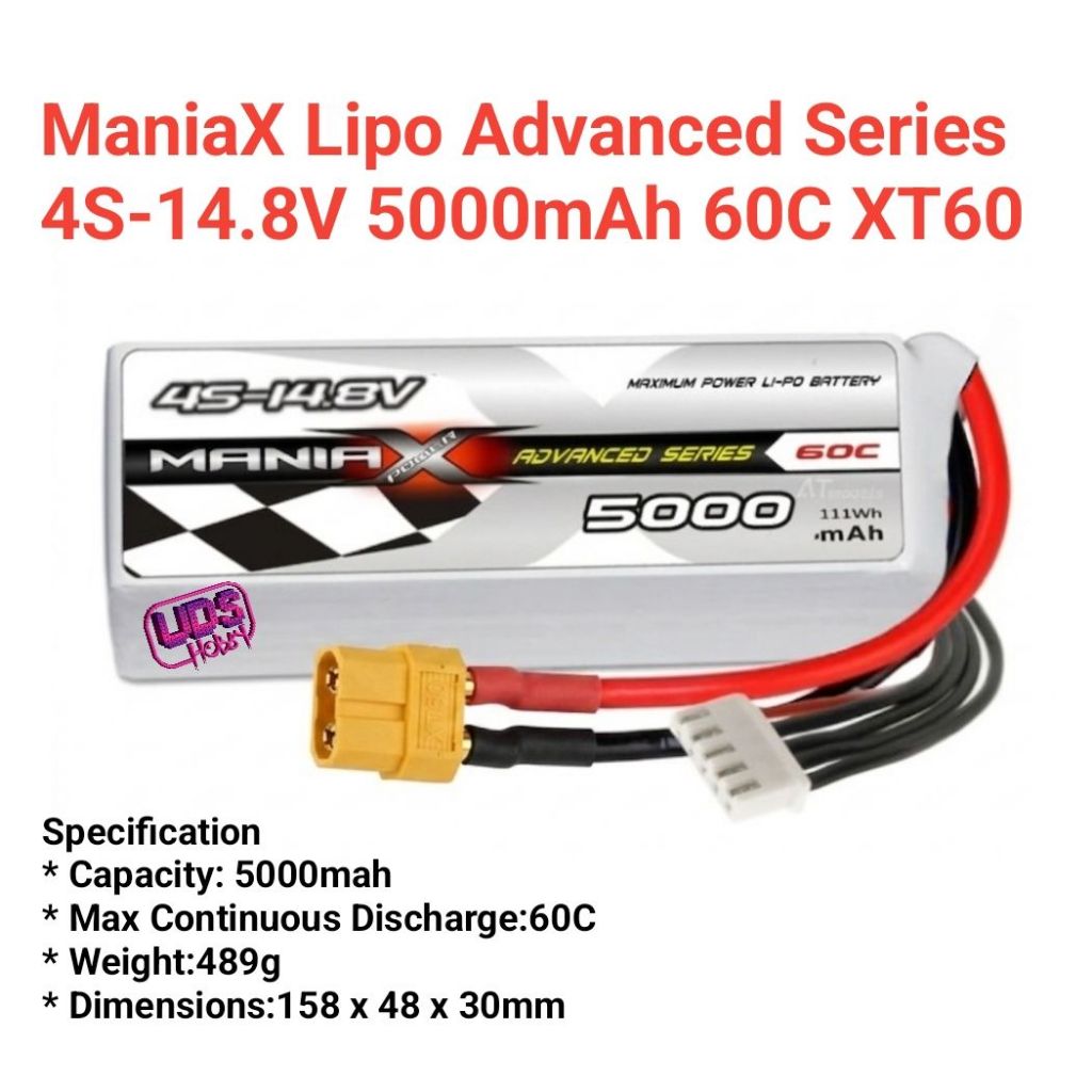[แบตเตอรี่ 4เซล] ManiaX Lipo 4S-14.8V 5000mAh 60C XT60 Advanced Series