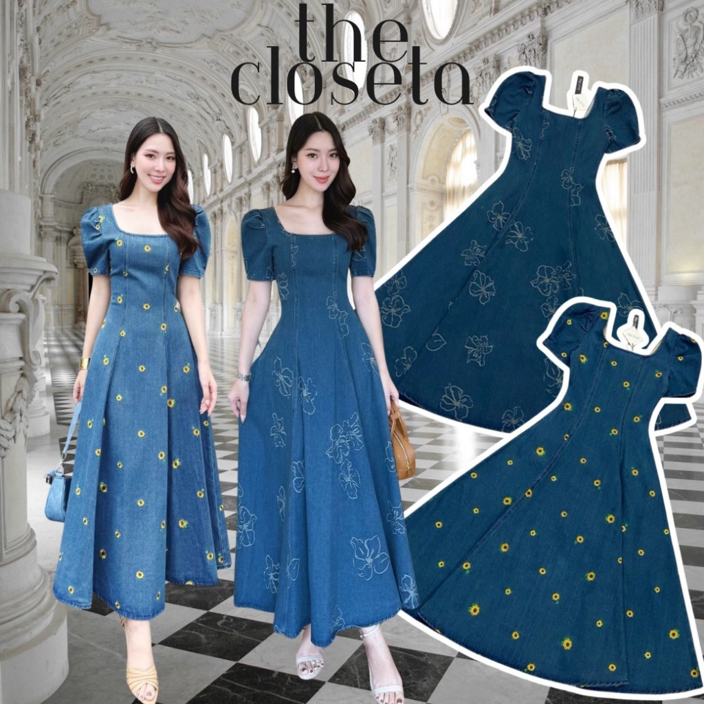 THE CLOSETA : (พร้อมส่ง) LV415 ชุดเดรสยีนส์ทรงเจ้าหญิงแขนสั้นจับจีบแขน
