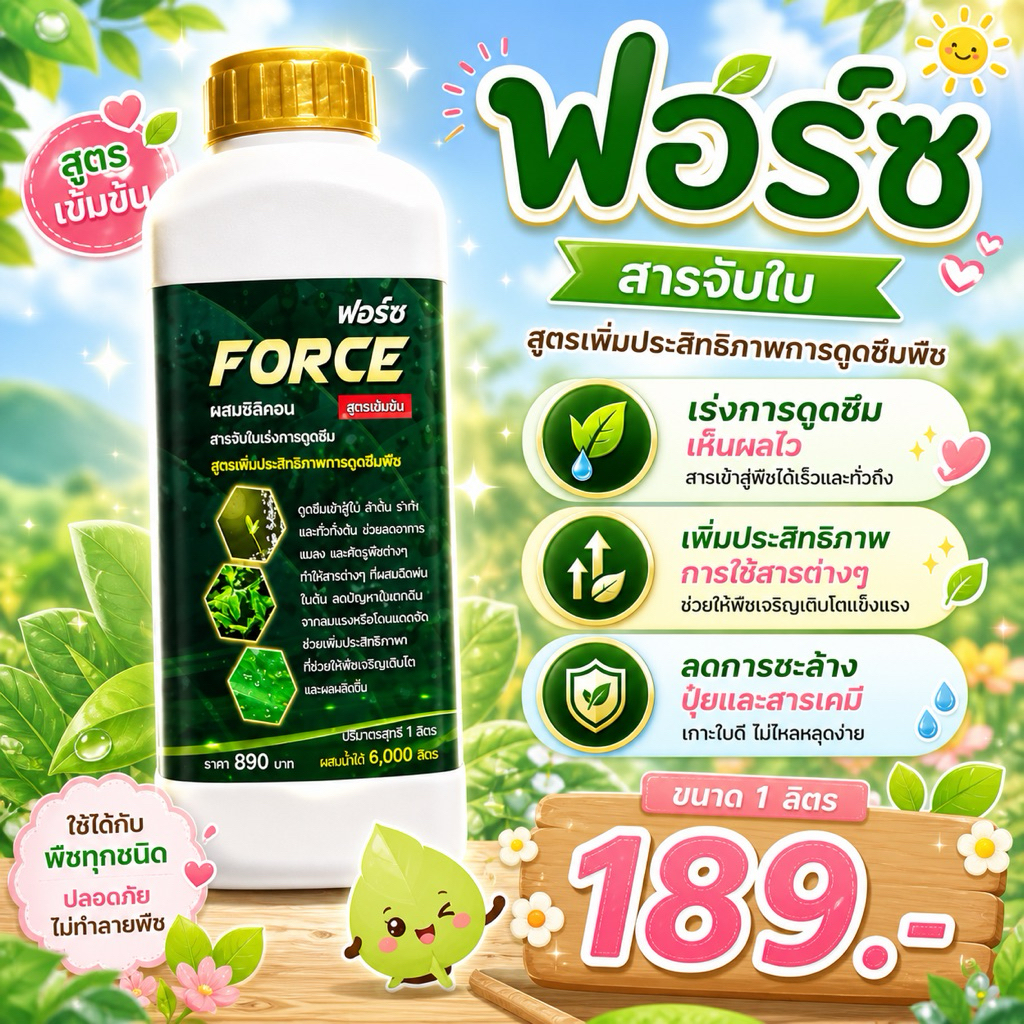 ฟอร์ซ สารจับใบ สูตรเพิ่มประสิทธิภาพการดูดซึมพืช เร่งการดูดซึม เห็นผลไว ขนาด 1 ลิตร