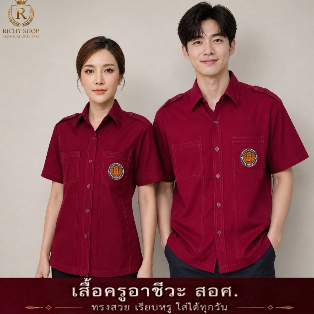 เสื้อซาฟารีอาชีวะครู (สอศ) สีแดงเลือดหมู ปกเชิ๊ต ชายและหญิง เกรดพรีเมี่ยม##เสื้อครูอาชีวะ