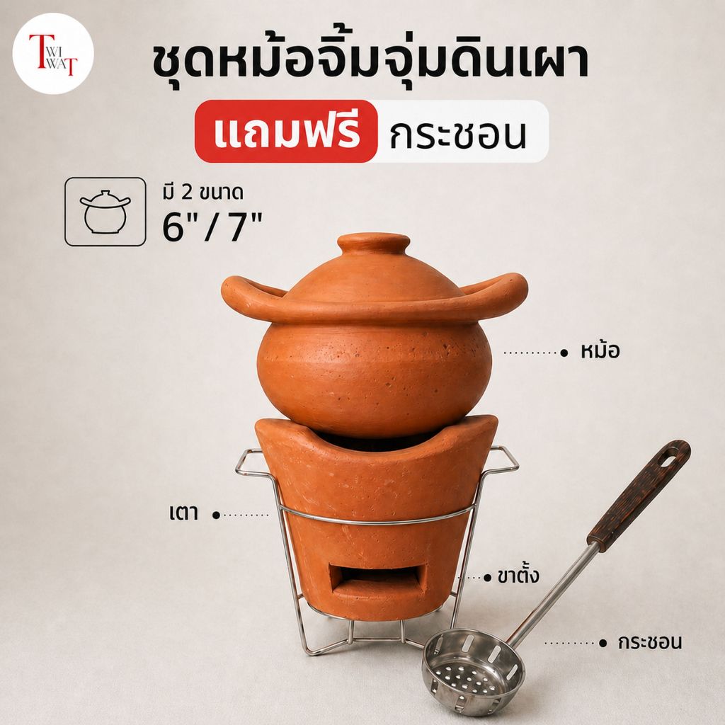 หม้อจิ้มจุ่มดินเผา แถมกระบวยฟรี ชุดหม้อจิ้มจุ่มครบชุด เซ็ตหม้อจิ้มจุ่ม มีเตา มีขารอง เบอร์ 6 7 นิ้ว