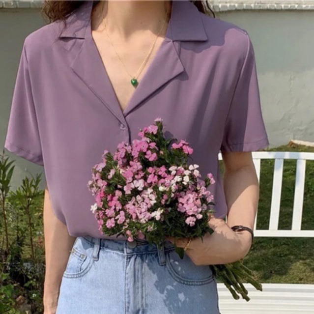 เสื้อเชิ๊ตแขนสั้น (สีม่วง) สไตล์มินิมอล ใส่สบายผ้าไม่รอน แมทกับทุกลุค ไซส์ M-6XL