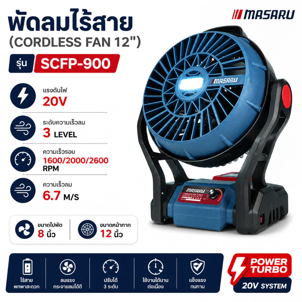 พัดลมไร้สาย MASARU SCFP-900 พัดลม 12นิ้ว ลมแรง ปรับระดับ-แขวนได้ สำหรับเดินป่า ตั้งแคมป์ บ้าน