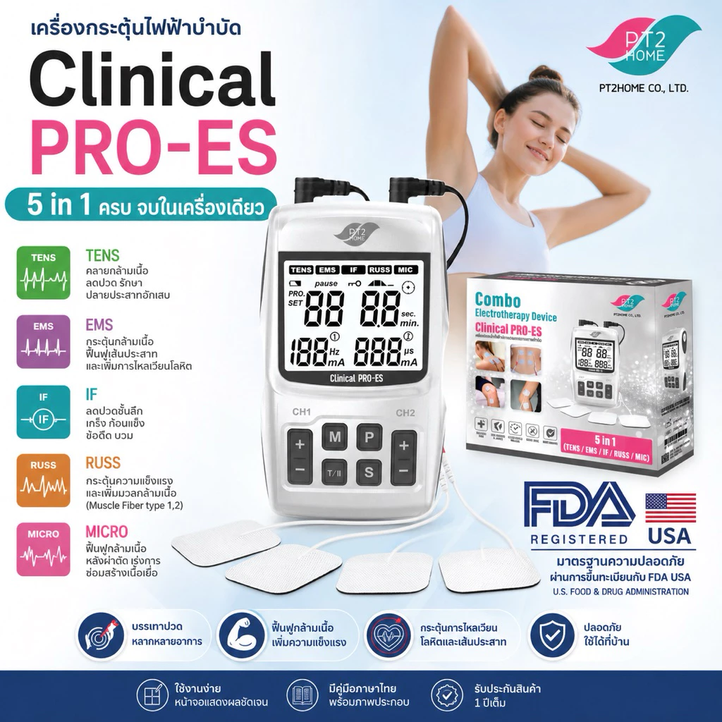 PRO-ES 5in1 ปวดลึก หมอนรองกระดูก อ่อนแรง เส้นประสาท เครื่องนวดกระตุ้นไฟฟ้ากายภาพบำบัด