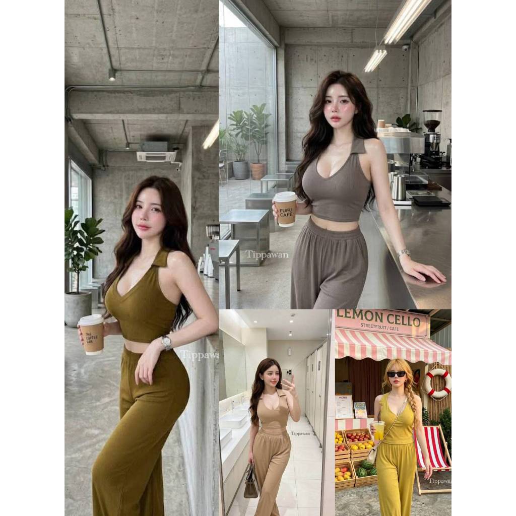 【TIPPAWAN】 TPW 63801 setคอปกแขนกุด พร้อมกางเกงขายาว ให้ลุคชิวๆที่โครตจะดูดี  สวยแบบชุดเดียวจบอีกแล้ว
