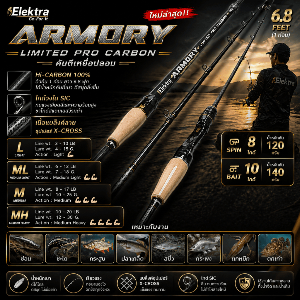 [ ของแท้ ]  คันตีเหยื่อปลอม Elektra ARMORY Limited Pro Carbon ใหม่ล่าสุด เหมาะกับงานช่อน ชะโด กระสูบ ตกหมึก