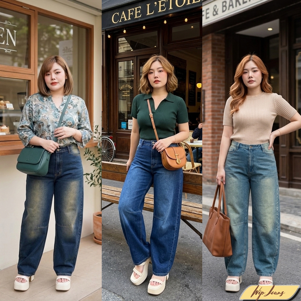 กางเกงยีนส์ทรง Barrel เอวสูง ดีไซน์ตัดต่อหน้าขา พรางสะโพกและต้นขาให้ดูเพรียว เนื้อผ้าคุณภาพพรีเมียม CK23