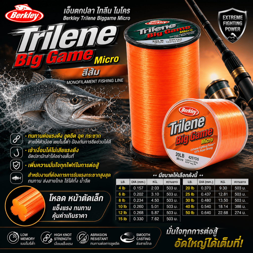 [ ของแท้ ]  เอ็นตกปลา ไทลีน Trilene Biggame Micro by Berkley [ สีส้ม ] สำหรับงานรับแรงกระชากสูงสุด Fishing line