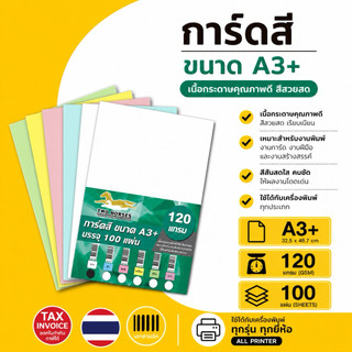 กระดาษการ์ดสี ขนาด A3+ หนา 120g,150g,180g (  30.5 x 48.2 cm.) พื้นผิวเรียบ บรรจุ 100 แผ่น