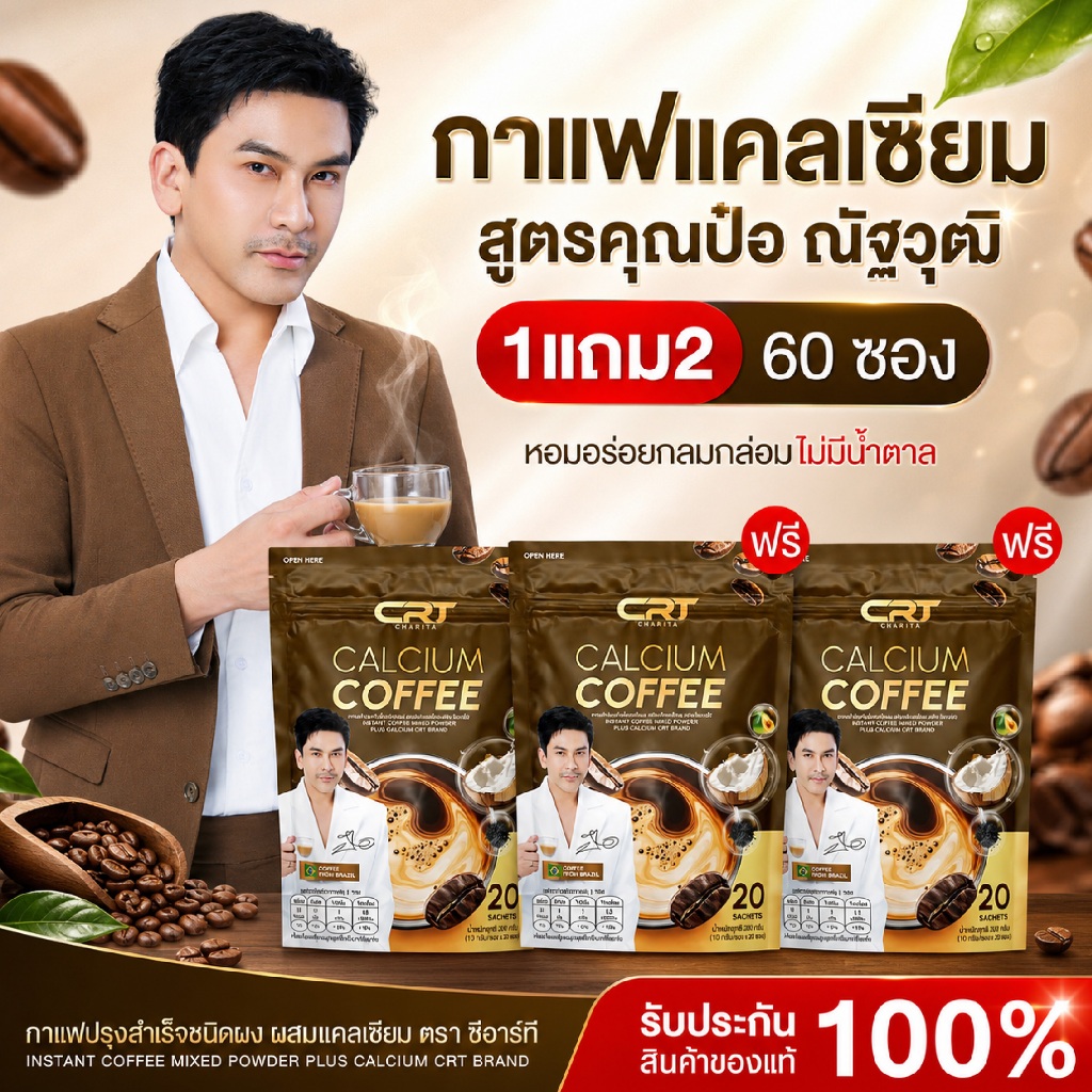 (1แถม2) CRT Calcium Coffee กาแฟผสมแคลเซียม บำรุงกระดูก แก้ปวดเมื่อย เพื่อสุขภาพ ป๋อ ณัฐวุฒิ ไม่มีน้ำตาล 20 ซอง พร้อมส่ง