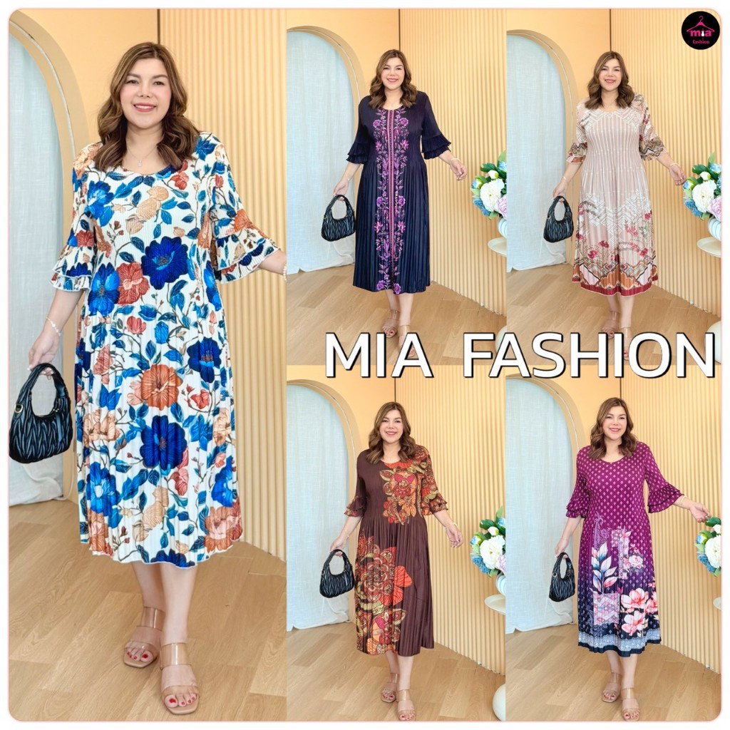 Miafashion (KM0383) เดรสอีดพลีทลายดอกไม้ แขนสองชั้น สวยๆ