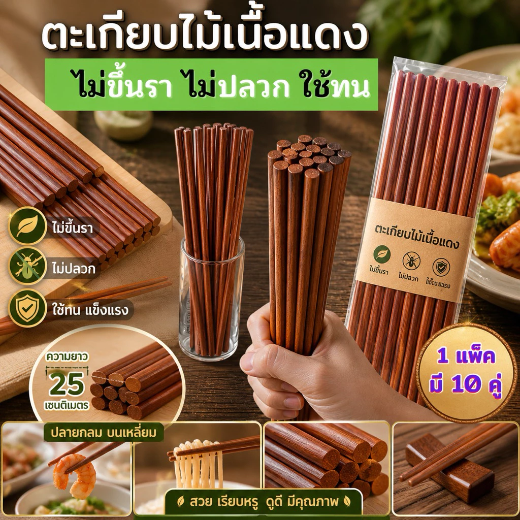 🥢ตะเกียบไม้เนื้อแดง 1 แพ็ค มี10 คู่ สินค้าพร้อมส่ง ราคาส่งทักแชท✅ ไม่ปลวก💯ไม่ขึ้นรา💯ทนทุกสภาพการใช้งาน🥢ล้างแล้วใช้ซ้ำได้