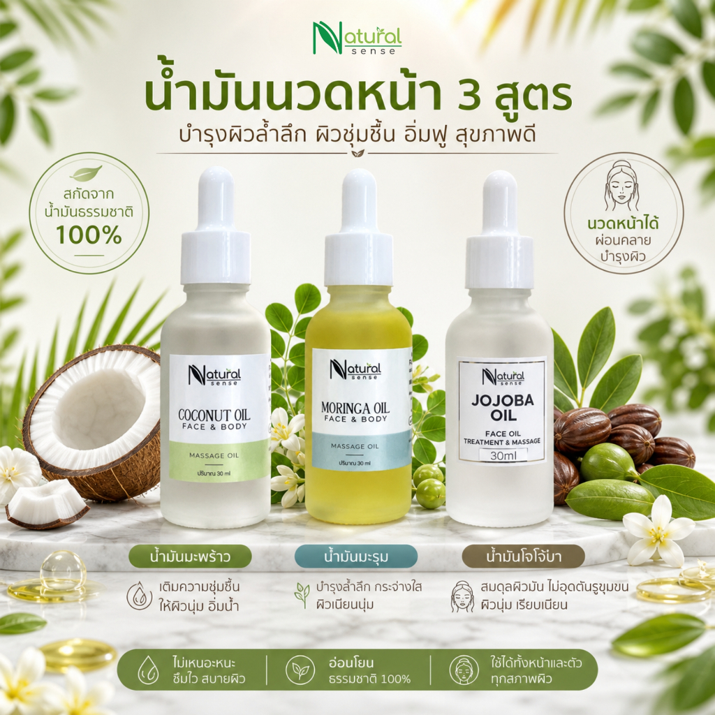 น้ำมันนวดหน้า (30ml.) น้ำมันธรรมชาติ บำรุงผิวหน้า ที่สกัดเย็น ไม่ผสมน้ำหอม ช่วยให้ผิวกระจ่างใส