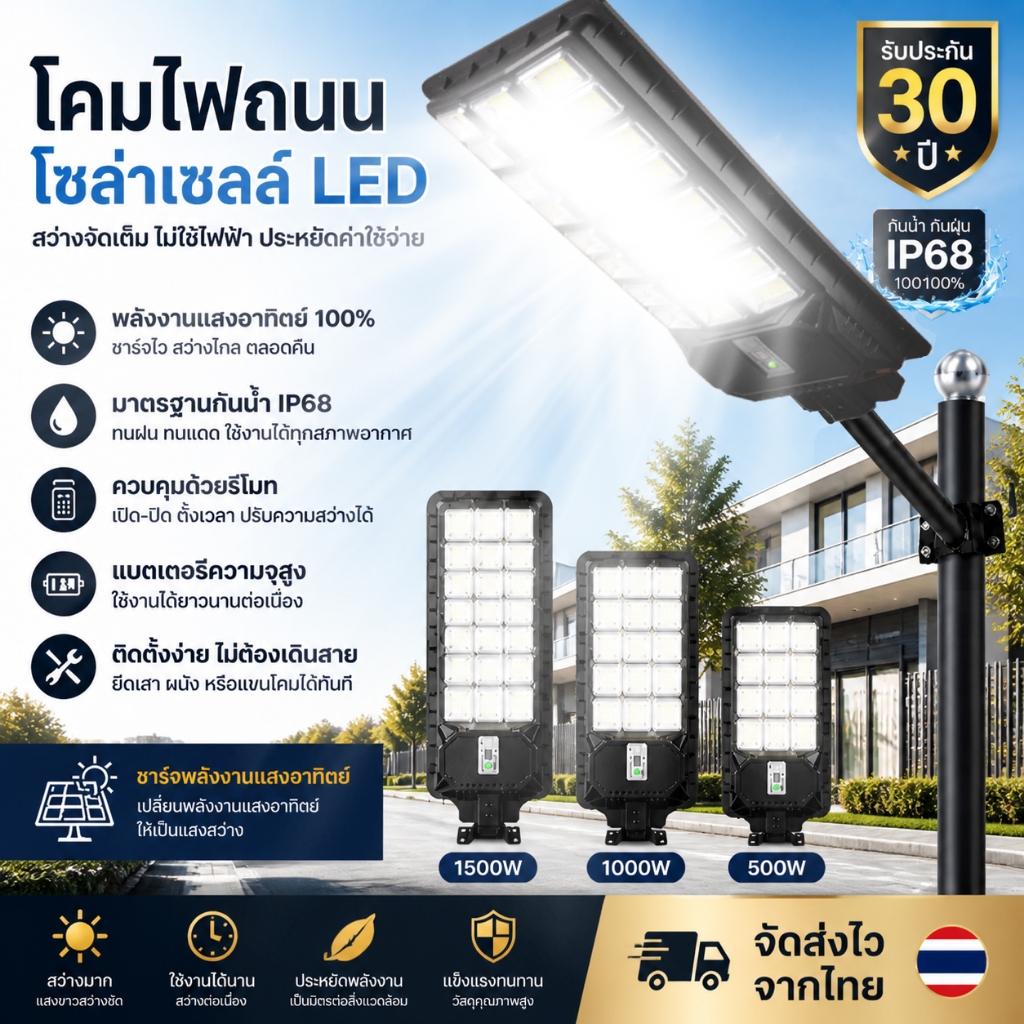 Eekoo ไฟโซล่าเซลล์ 1500W LED ไฟถนนโซล่าเซลล์ Solar Light ไฟเซ็นเซอร์ โคมไฟถนน กันน้ำกลางแจ้ง รับประกัน 30 ปี