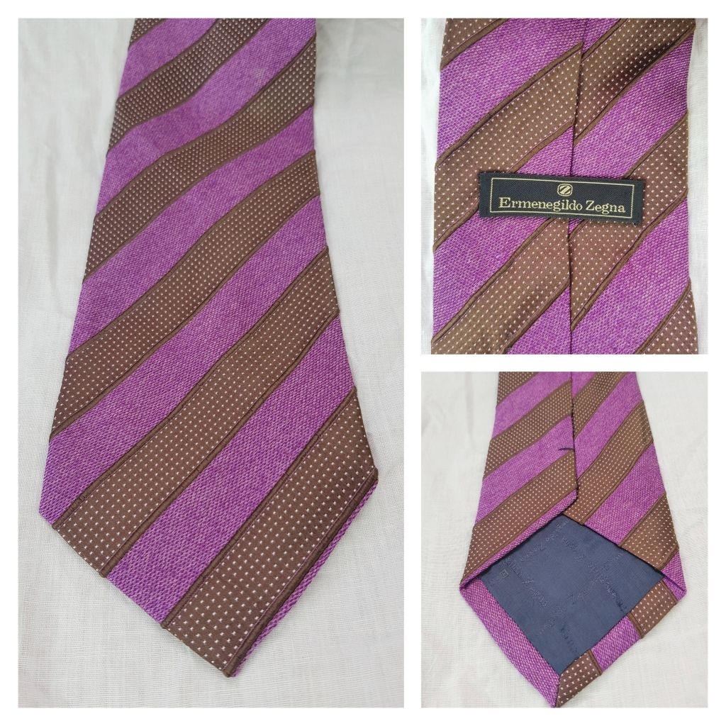 ERMENEGILDO ZEGNA 100% Silk Necktie Made in Italy 🇮🇹 Color: Purple Brown Stripes