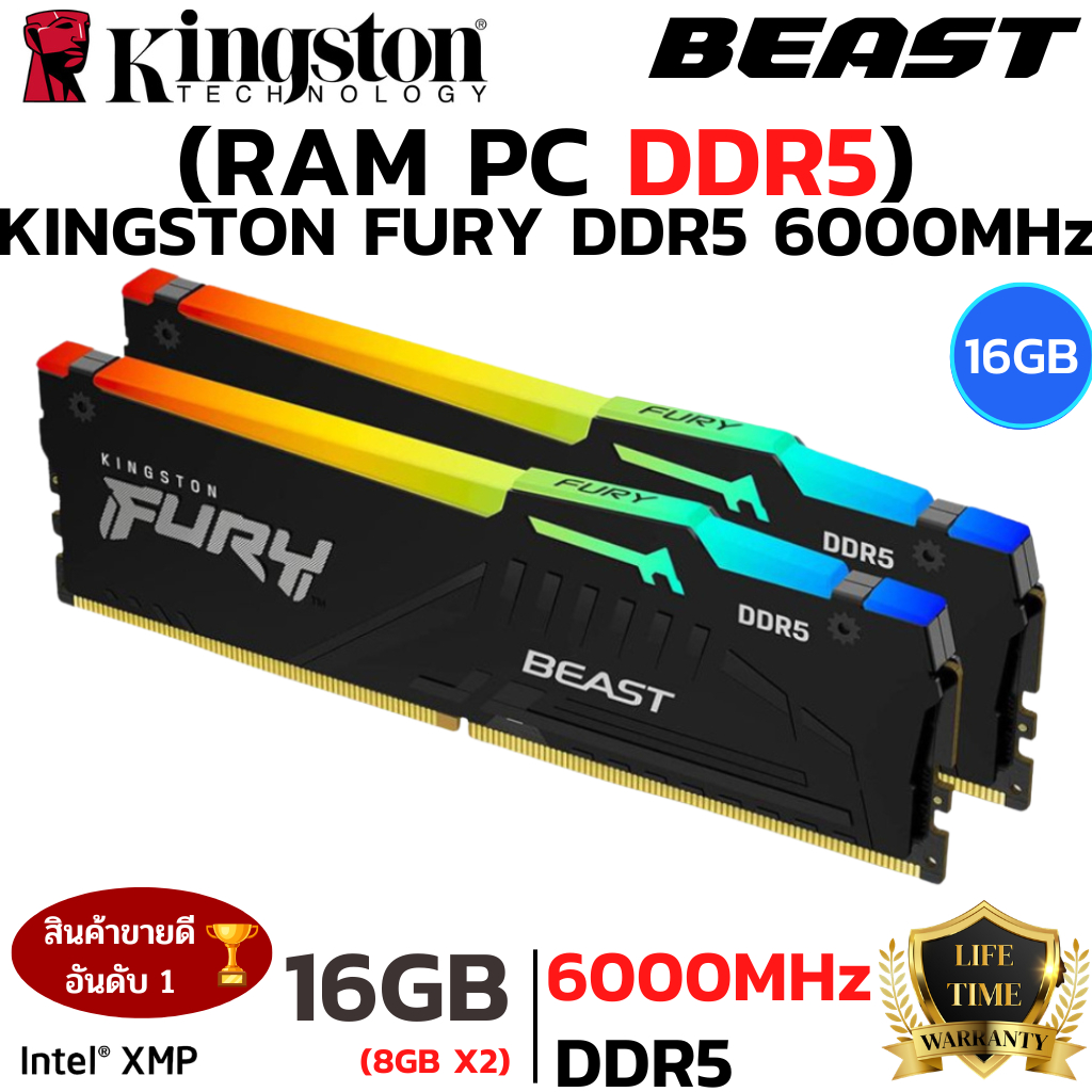 RAM DDR5 16GB (8GBx2) 6000MHz (หน่วยความจำ) KINGSTON FURY BEAST DDR5 RGB (BLACK)