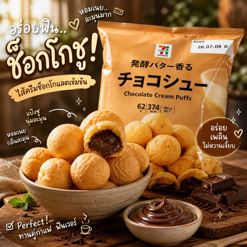 หิ้วจากญี่ปุ่น 7-11 Chocolate cream puffsอร่อย กลมกล่อม บอกเลยว่าเด็ด