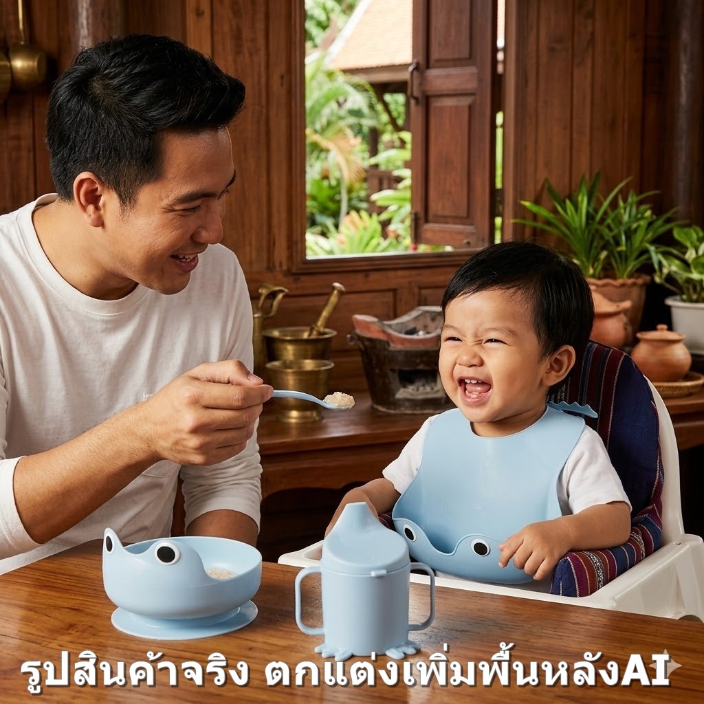 IKEA MATA อุปกรณ์ทานอาหารเด็ก 4 ชิ้น กันเปื้อน กันเลอะ ฟ้า ชมพู เขียว