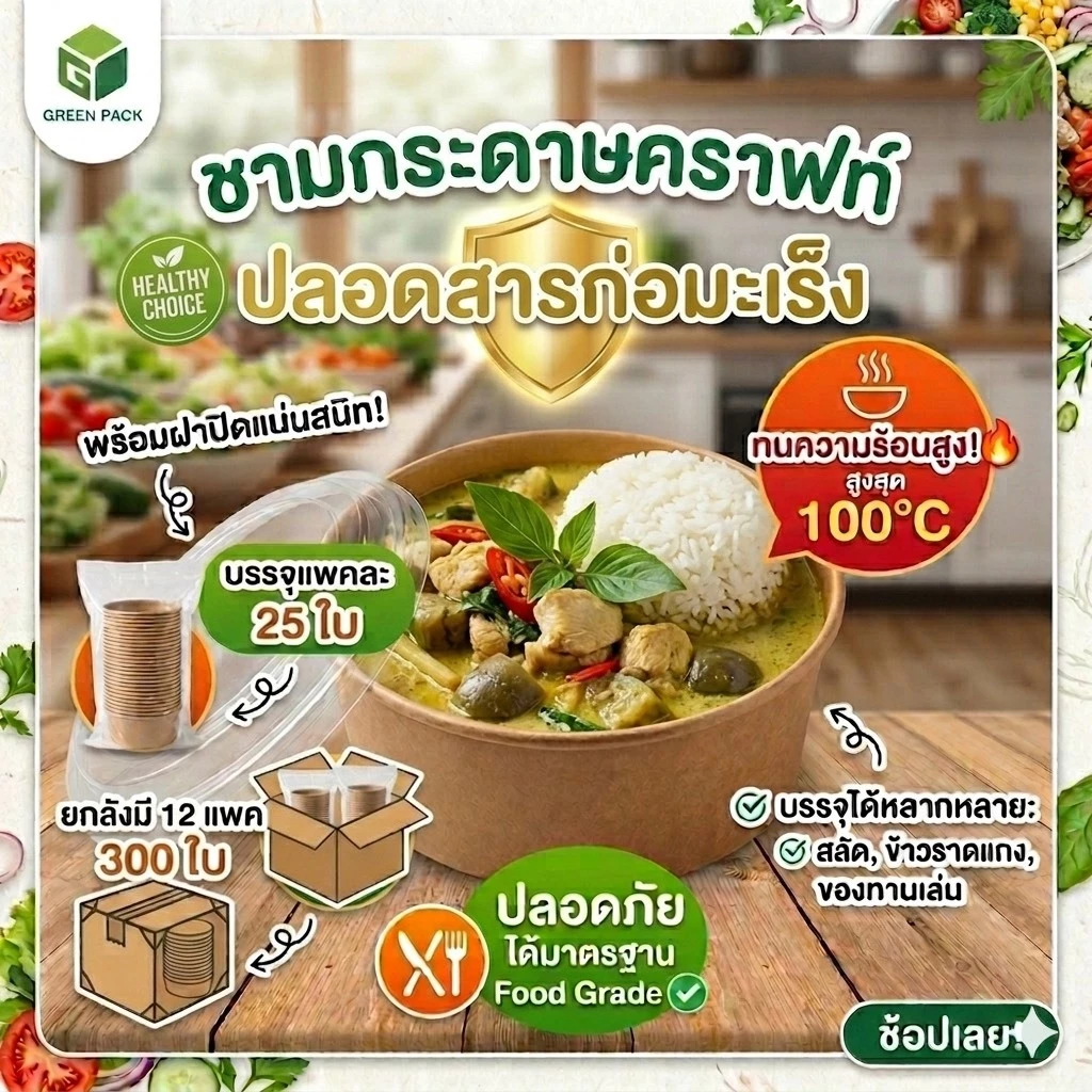 [ยกแพค] ชามกระดาษ Food Grade ชามกระดาษคราฟท์ พร้อมฝา OPS รุ่นพิเศษไอน้ำไม่เกาะ เข้าไมโครเวฟได้ ขนาด 500-1500 ml.