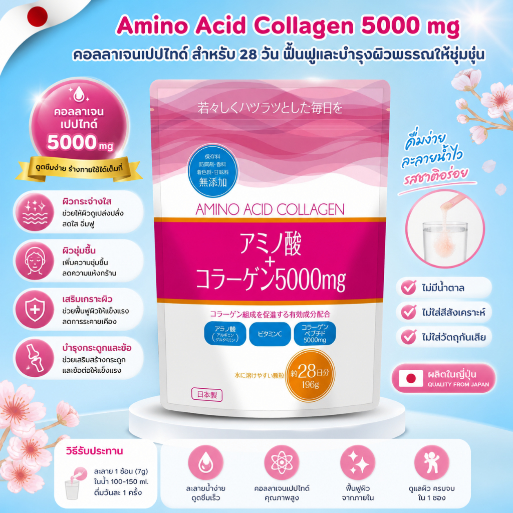 Amino Acid Collagen 5000 mg กรดอะมิโน (อาร์จินีน) + วิตามิน C + คอลลาเจนเปปไทด์ สำหรับ 28 วัน (196 ก