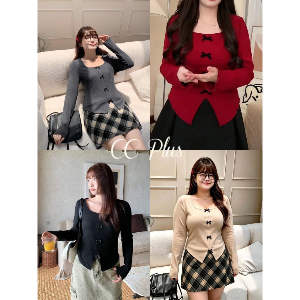 CiCi Plus+(A2401)เสื้อแขนยาวไหมพรมคอเหลี่ยม ดีเทลแต่งโบว์ด้านหน้า น่ารักคิคุอาโนเน๊ะ เหมาะสำหรับสาวพลัสไซส์