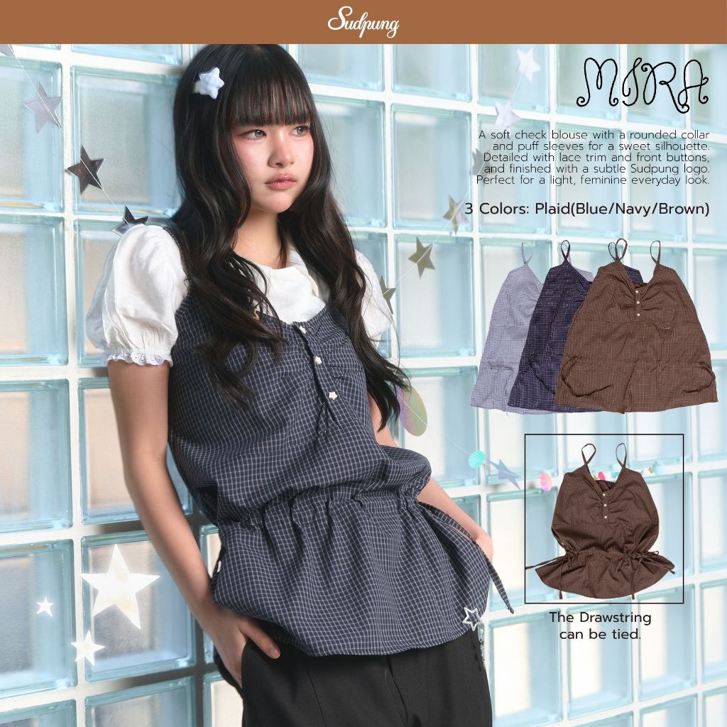 Mira_SP128 เสื้อจั๊มเอวมินิเดรส ลายสก็อต คอบัว แขนตุ๊กตา สม็อคหลัง ใส่ปล่อยได้สไตล์เกาหลี